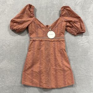 Esther & Co. Dress Women's Large Midi Orange Boho Gwen Rose Balloon Shoulder